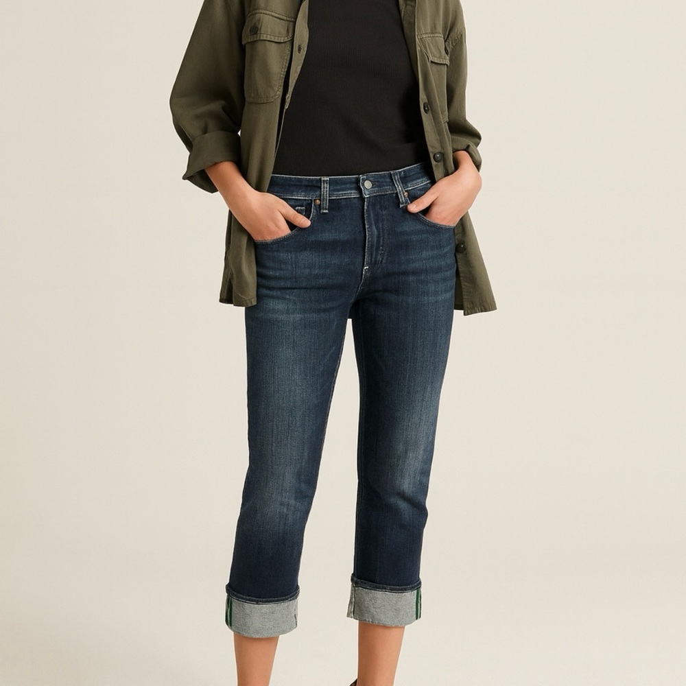 7 For All Mankind Crop Mia Embroidered Dark Wash Low Cut Cuffed Jeans 29 Waist